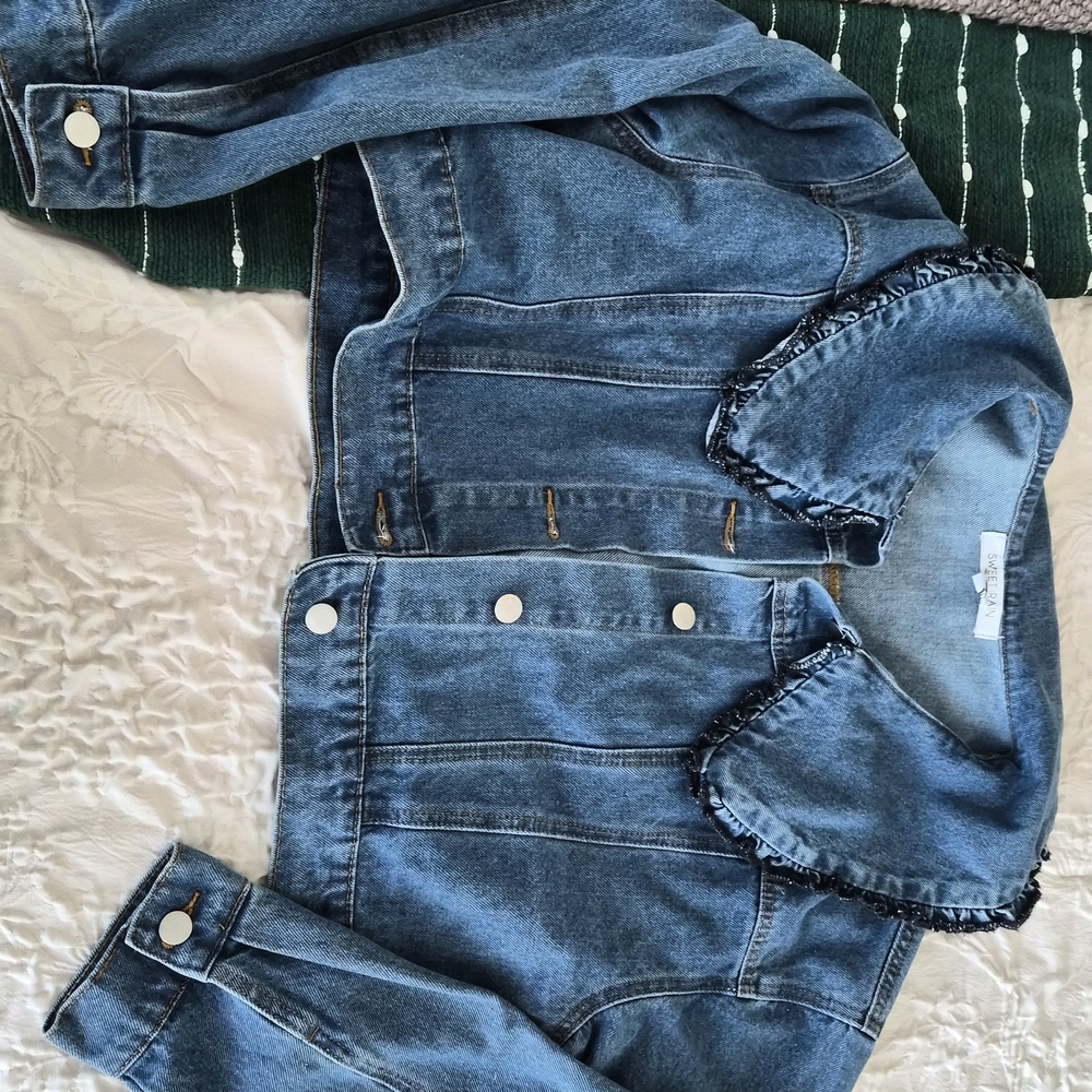 Sweet Rain Blue Denim Jacket with Ruffle Detail